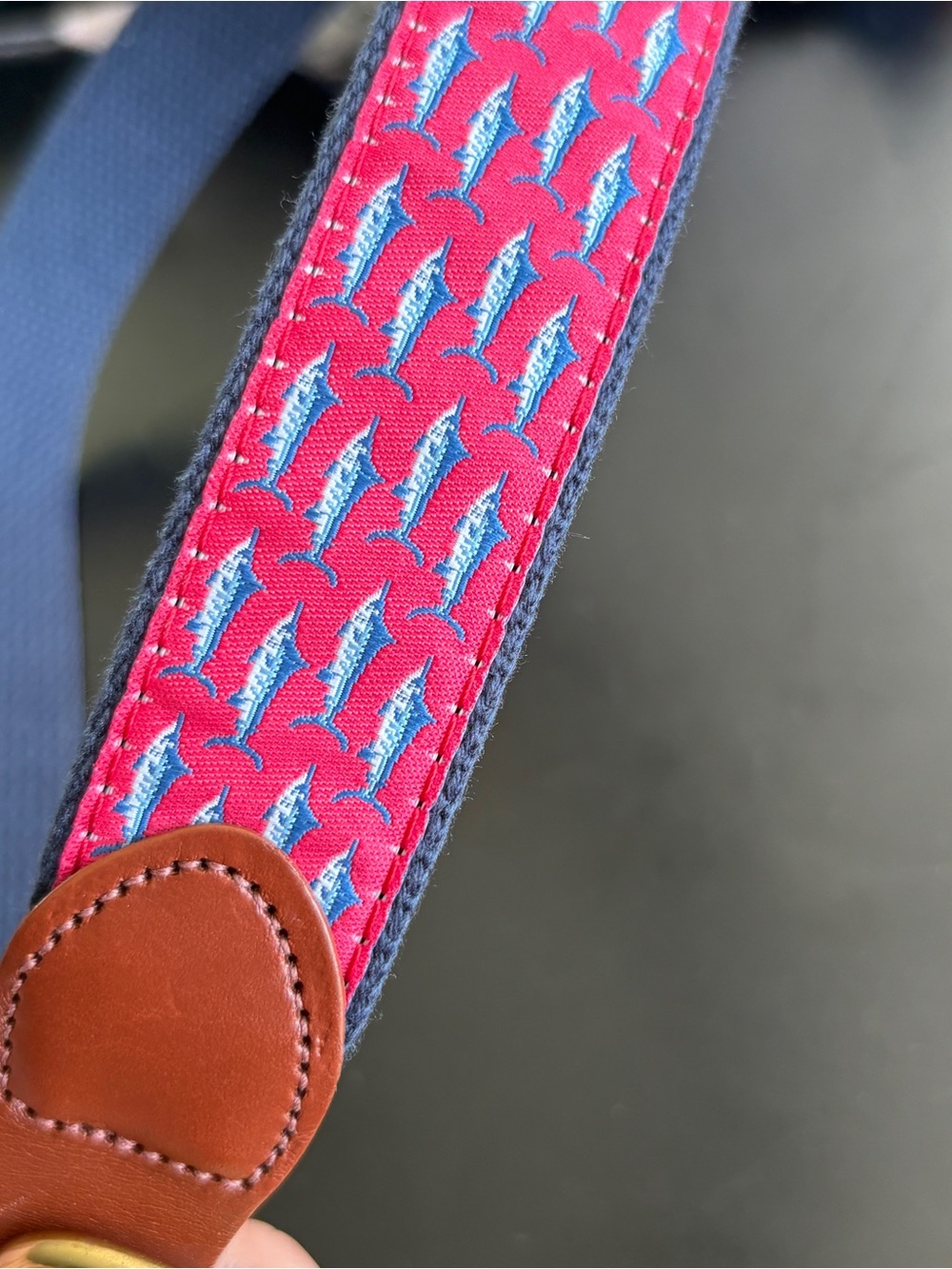 EUC Leather Man Limited Marlin Fish Dark Pink Red Belt Canvas Men's Size 30